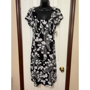 Madison Black White Floral Print Dress Short Sleeve Square Neck New with Tags